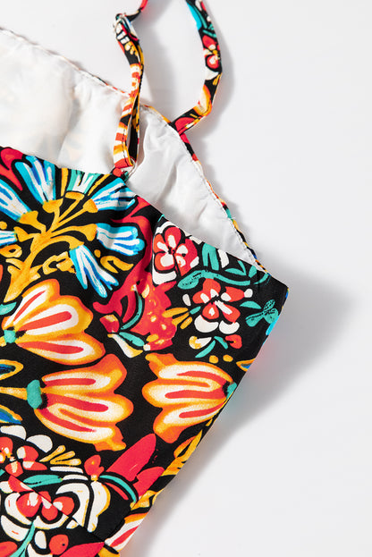 Robe longue noire à imprimé floral bohème, bretelles fines, sans manches, taille haute