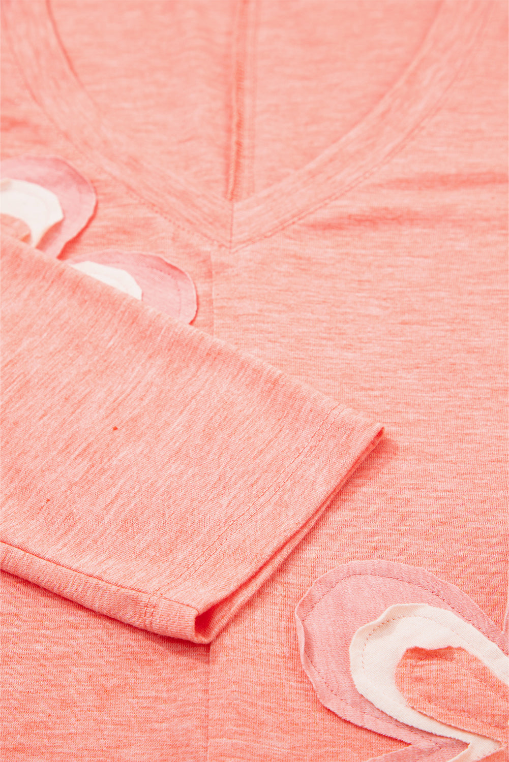 Fresh Salmon Floral Patchwork V Neck Long Sleeve T Shirt