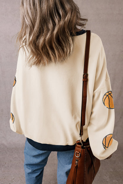 Sweat-shirt blanc à paillettes et bordures colorblock à motif graphique de basket-ball