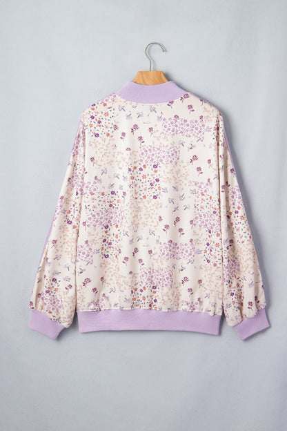Purple Floral Print High Neck Colorblock Sleeve Paneling Sweatshirt