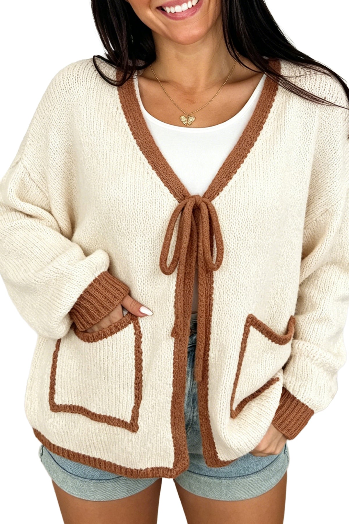 Apricot Contrast Trim V-Neck Tie Front Loose Sweater Cardigan