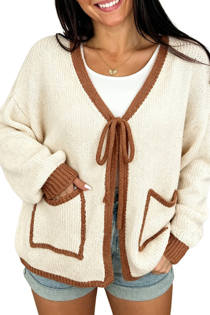 Apricot Contrast Trim V-Neck Tie Front Loose Sweater Cardigan