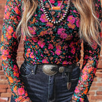 Rose Slim Fit Floral Mesh Long Sleeve Mock Neck Top