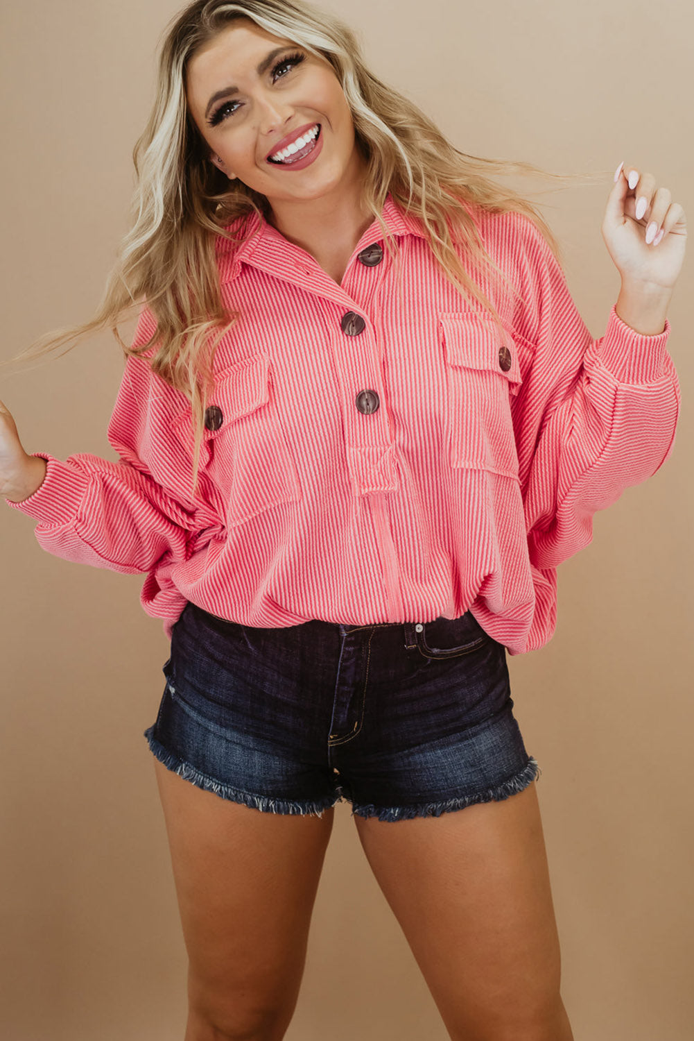 Haut Henley vert côtelé à manches longues et poches, grande taille 