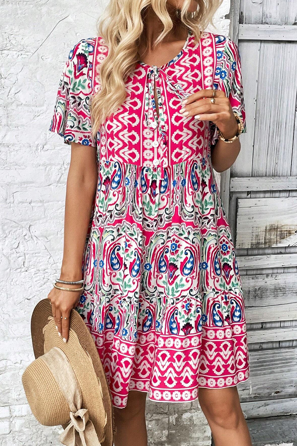 pink boho dress short QANSI Women Boho Dress Floral Printed 3/4 Sleeve Summer Beach Bohemian Sundress Loose Short Mini Dress Pink M at Amazon Women's Clothing store