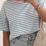 Sky Blue Stripe Contrast Crew Neck Drop Shoulder Loose Tee
