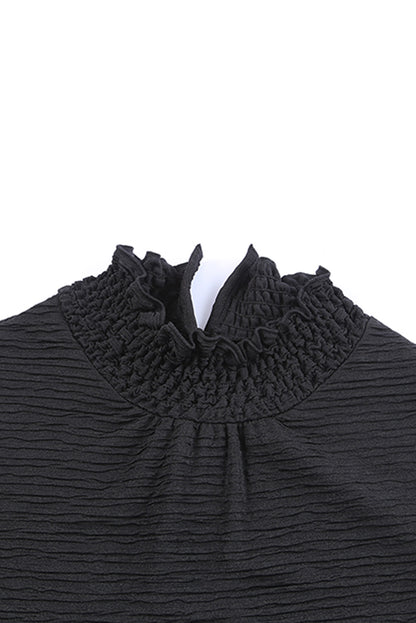 Frilled Smocked Neck Textured Bishop Sleeve Blouse