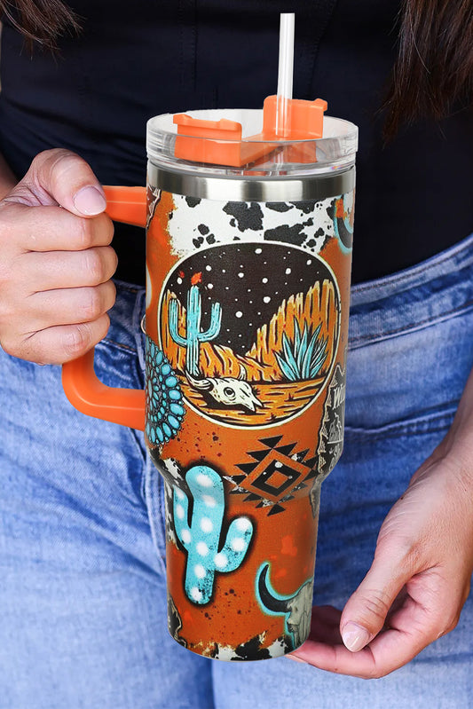 Orange Western Graphic Handled Stainless Tumbler with Straw