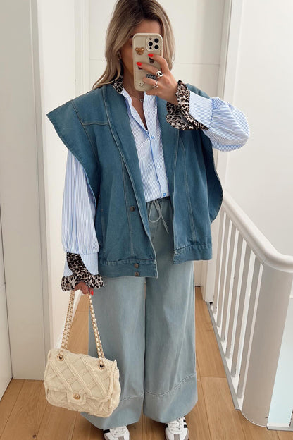 Sky Blue Stripe Ruffled Leopard Patchwork Long Sleeve Button Down Loose Shirt
