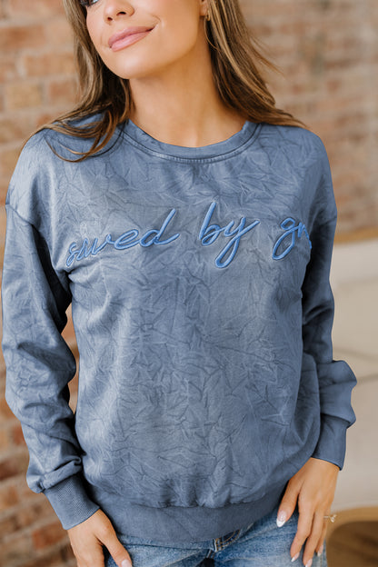 Sea Green saved by grace Letter Embroidery Mineral Wash Loose Sweatshirt