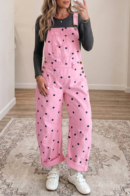 Jet Stream Polka Dot Print Bib Pocket Denim Barrel Overalls Jumpsuit