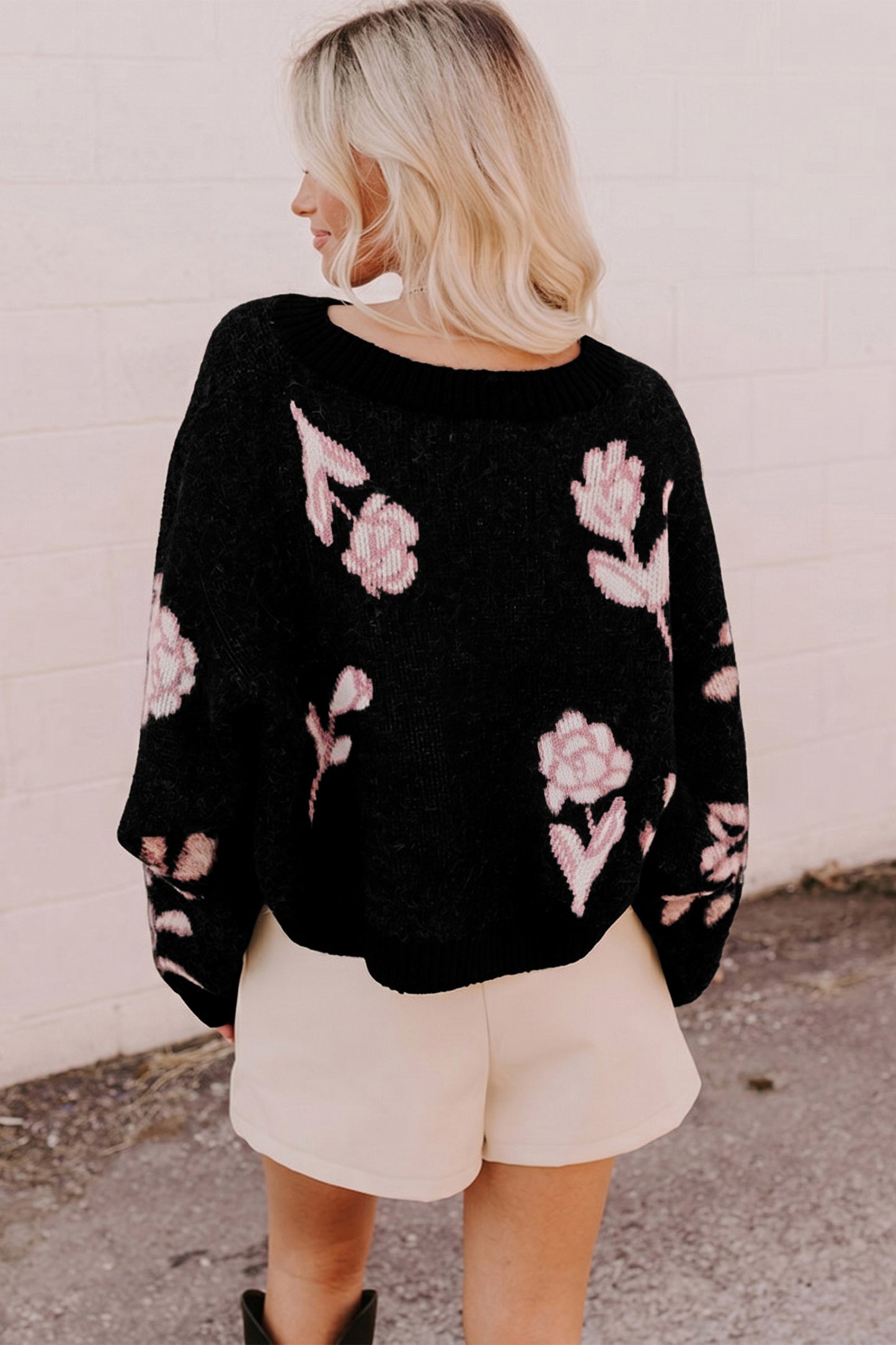 Black Floral Pattern Puff Sleeve Dropped Shoulder Pullover Sweater