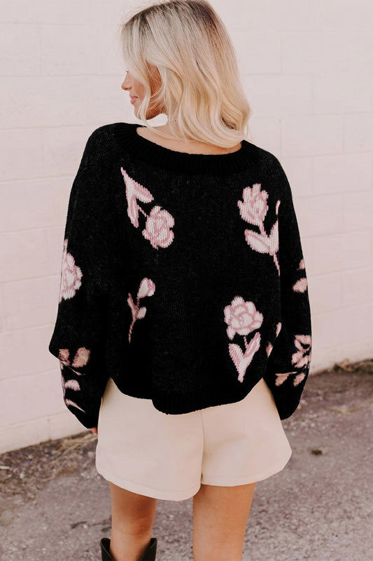 Black Floral Pattern Puff Sleeve Dropped Shoulder Pullover Sweater