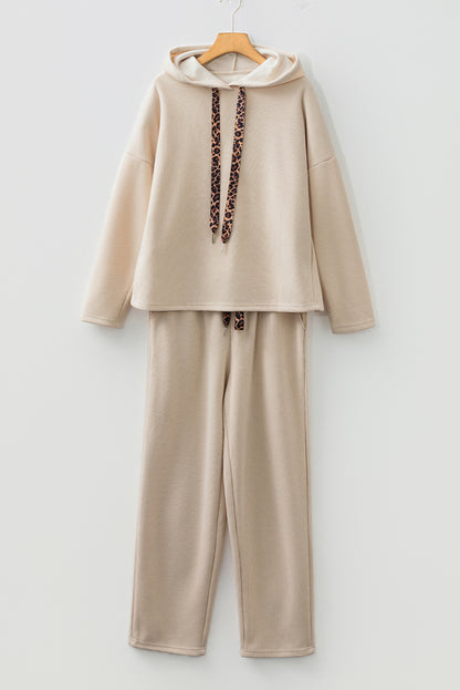 Dark Khaki Leopard Drawstring Pullover Hoodie and High Waist Pants Corduroy Suit