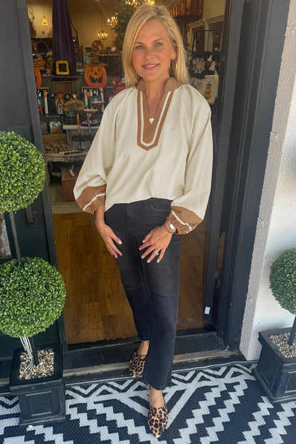 Jet Stream Color Block Patchwork Detail V Neck Textured Long Sleeve Blouse