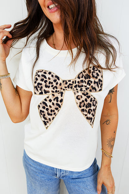 White Leopard Bow Embroidered Cotton Round Neck T Shirt