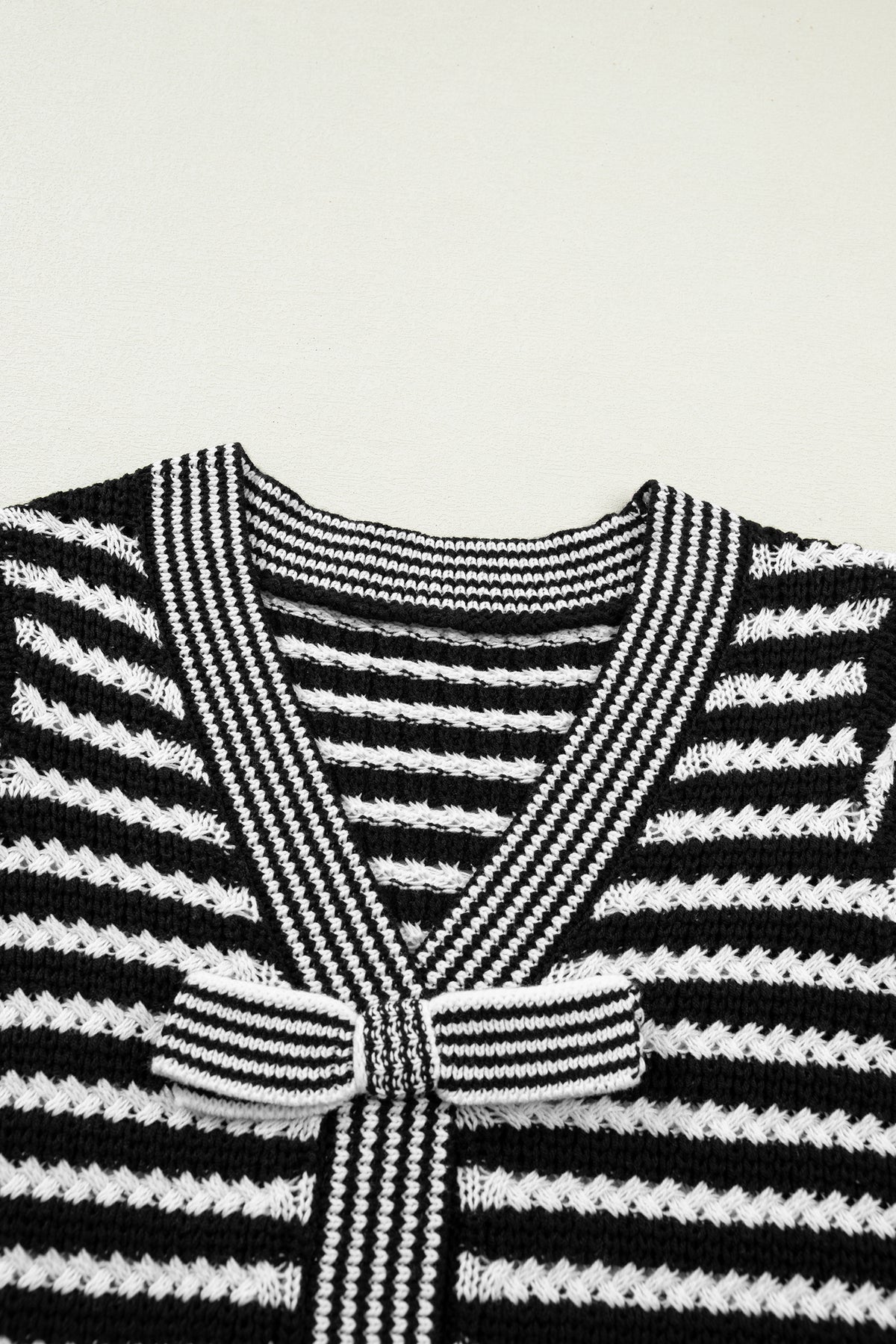 Black Stripe Short Sleeve Knit V Neck Bow Knot Sweater