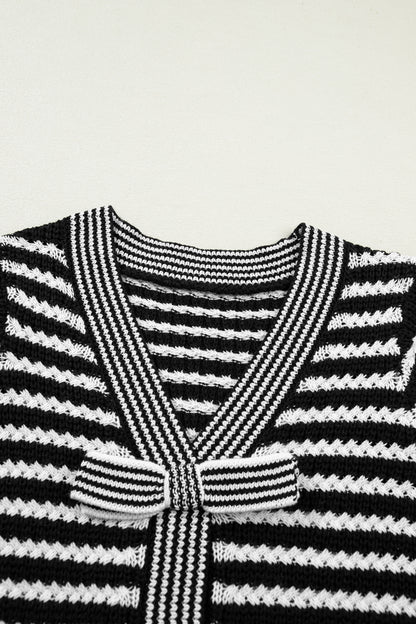 Black Stripe Short Sleeve Knit V Neck Bow Knot Sweater
