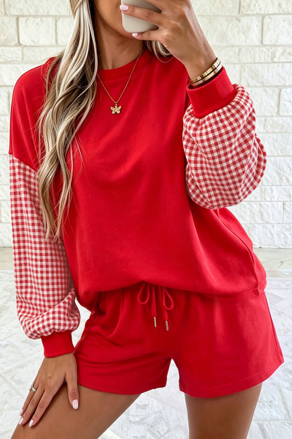 Red Plaid Patchwork Long Sleeve Top Solid Drawstring Shorts Set