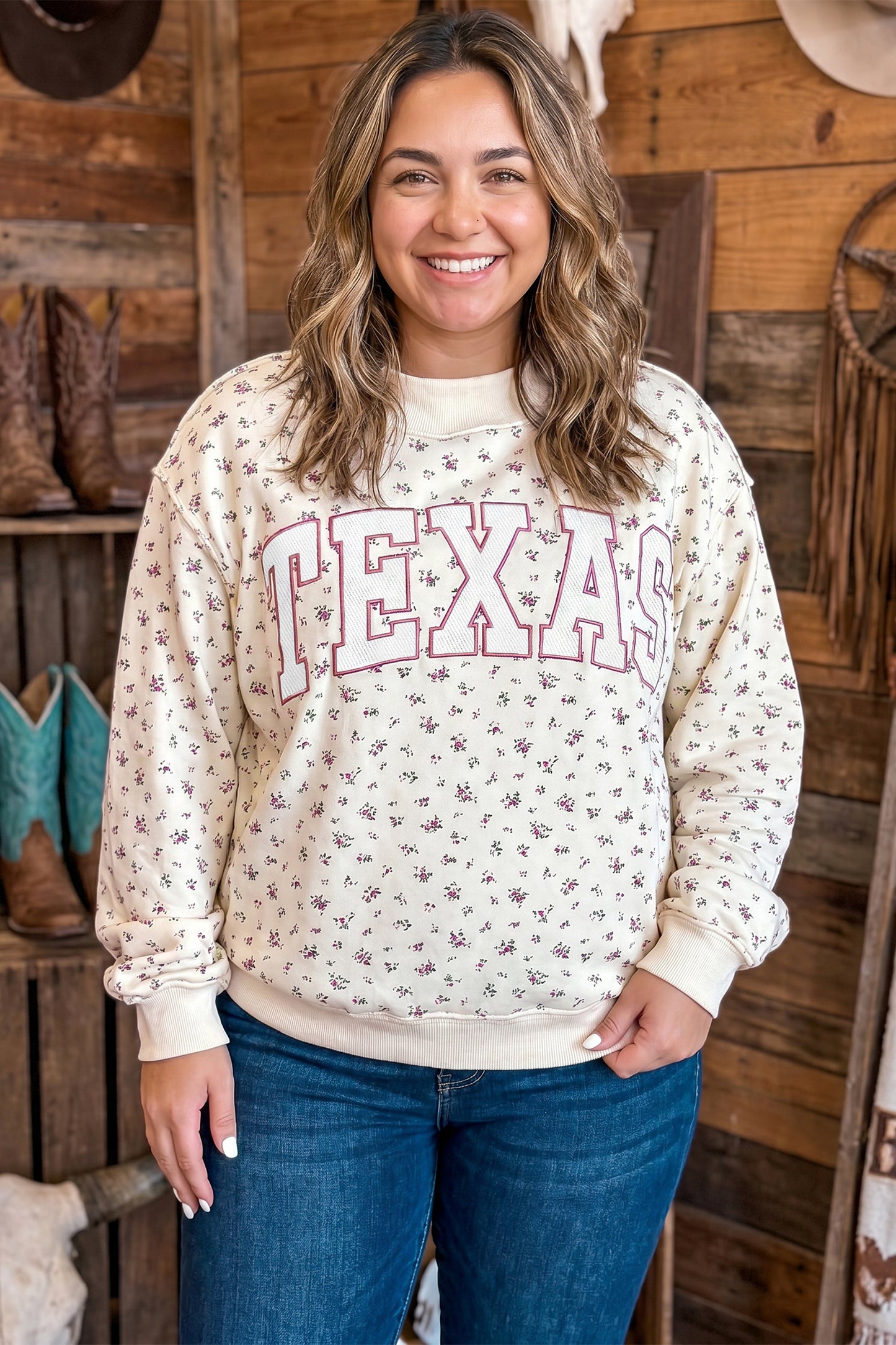 Apricot Floral Print Texas Long Sleeve Ribbed Neck Tunic Plus Size Sweatshirt