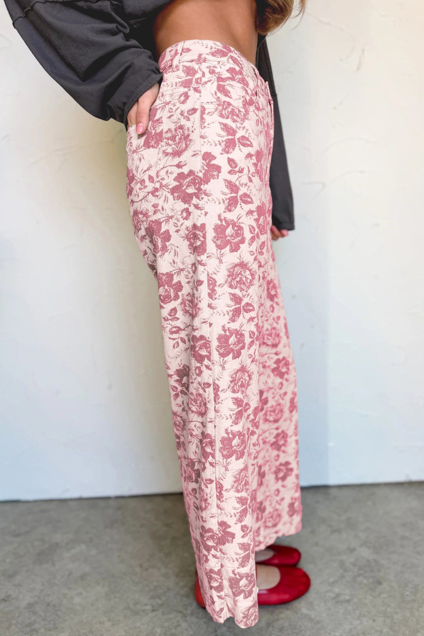 Pink Vintage Floral Print Denim Shift Pants