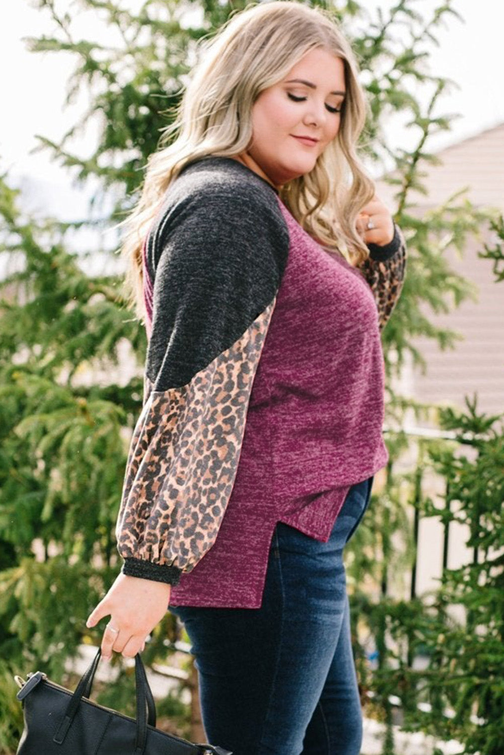 Multicolor Leopard Colorblock Long Sleeve Plus Size Top