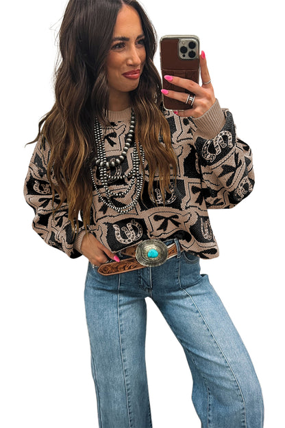 Black Bows & Horseshoes Pattern Western Fashion Print Sweater