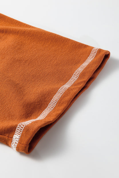 Grapefruit Orange Contrast Stitching Buttoned V Neck Half Sleeve Top and Drawstring Flare Pants Set
