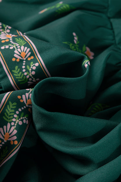 Robe longue à volants et bretelles nouées à fleurs vert noirâtre