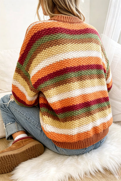 Camel Rainbow Striped Knit Round Neck Puff Sleeve Sweater