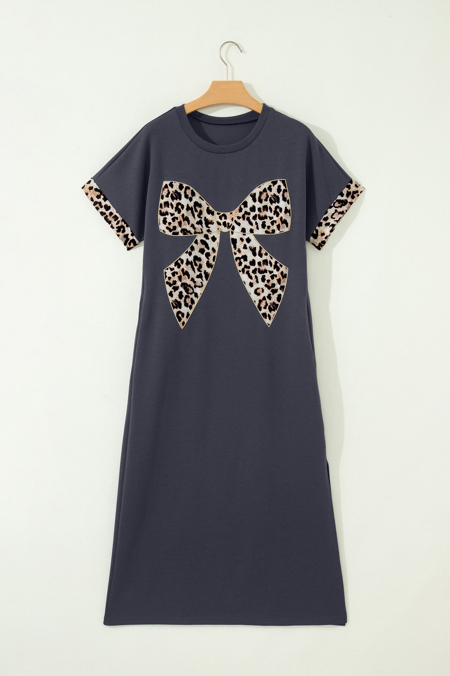 Dark Grey Contrast Leopard Bow Patched Short Sleeve T Shirt Long Dress