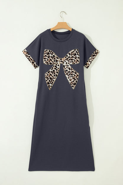 Dark Grey Contrast Leopard Bow Patched Short Sleeve T Shirt Long Dress