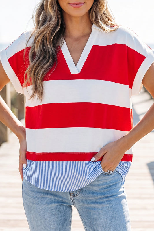 Red Stripe Collar V Neck Cuffed Dolman Short Sleeve Top