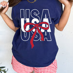 Blue USA Bow Printed Casual Cotton Blend T Shirt