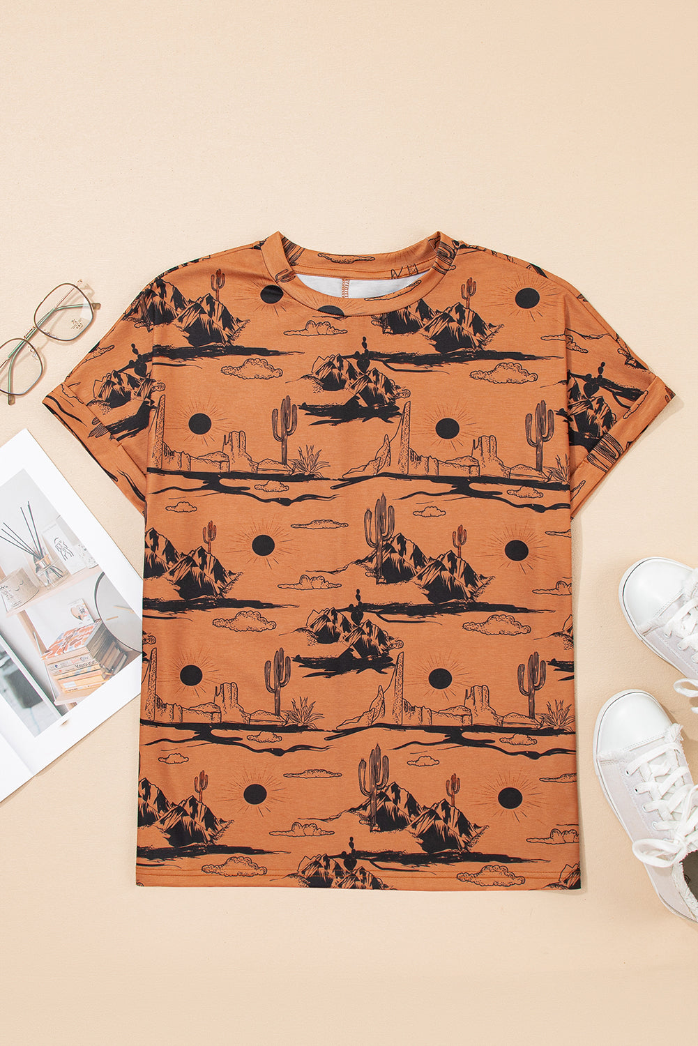 White Desert Sand Print Short Sleeve Knit Top
