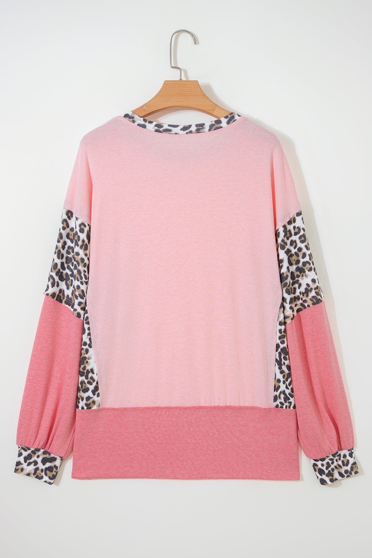 Light Pink Color Block Leopard Patchwork Dolman Sleeve High Low Baggy Sweatshirt