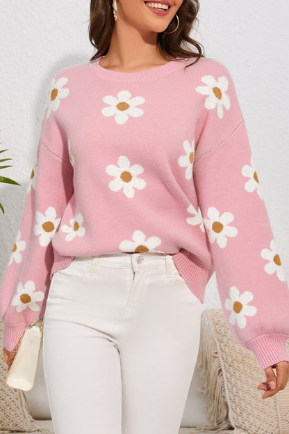 Pull à épaules tombantes et motif floral rose 