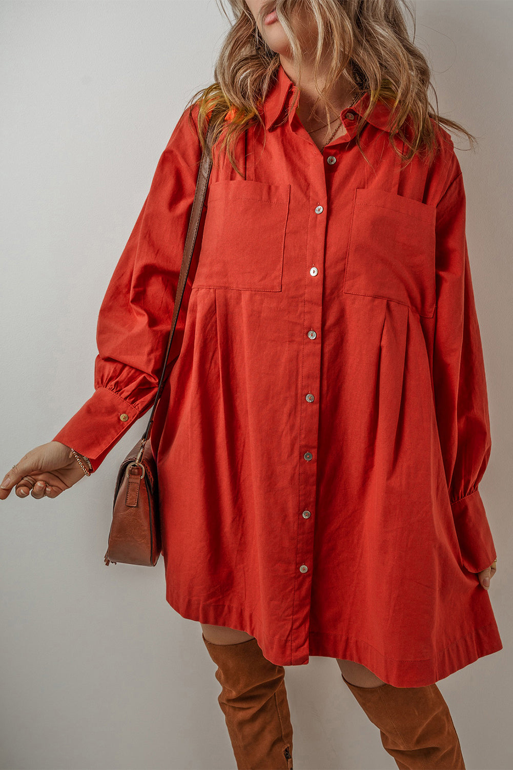 Tomato Red Bishop Sleeve Button Up Pleated Mini Shirt Dress