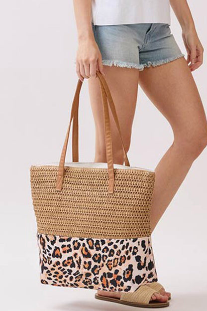 Thai Curry Straw Woven Leopard Patchwork Large Tote Bag