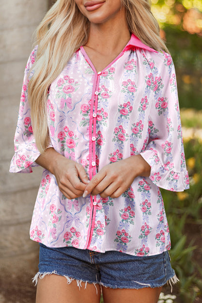 Purple Floral Collared Ruffled Half Sleeve Shirt