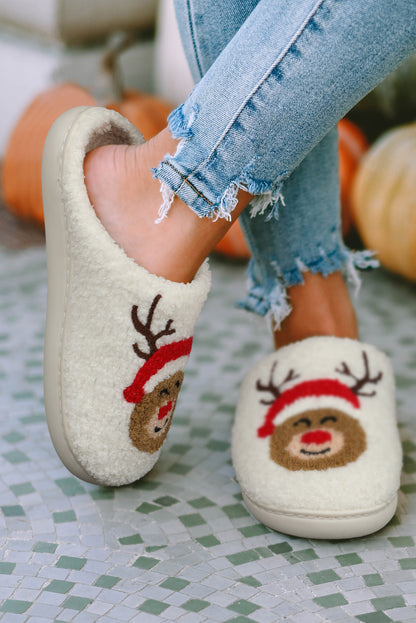 Pantuflas de felpa para interiores con diseño de ciervo navideño blanco 