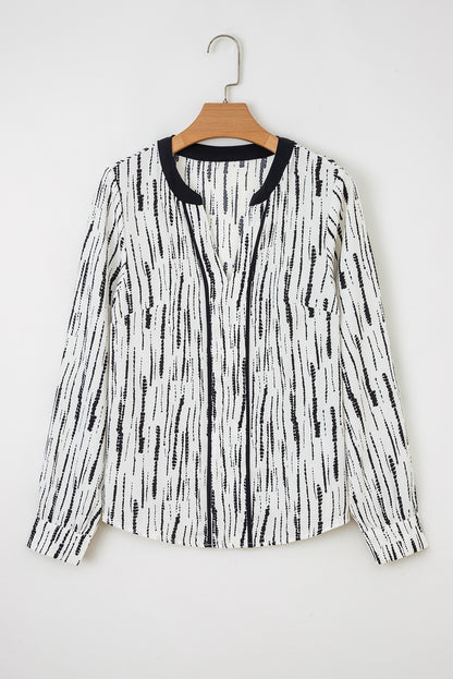 White Abstract Printed V Neck Fall Blouse