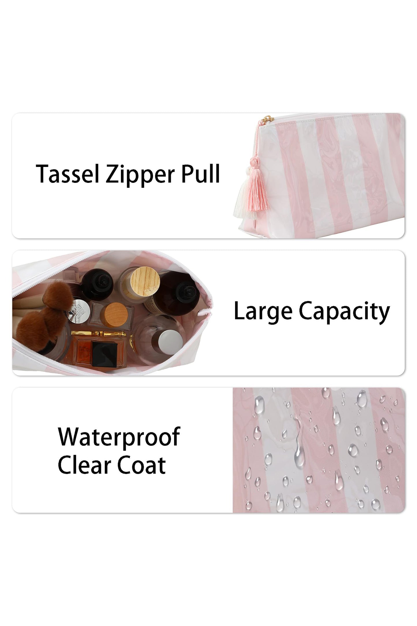 Light Pink Striped Vinyl Waterproof Tassel Zipper Makeup Bag