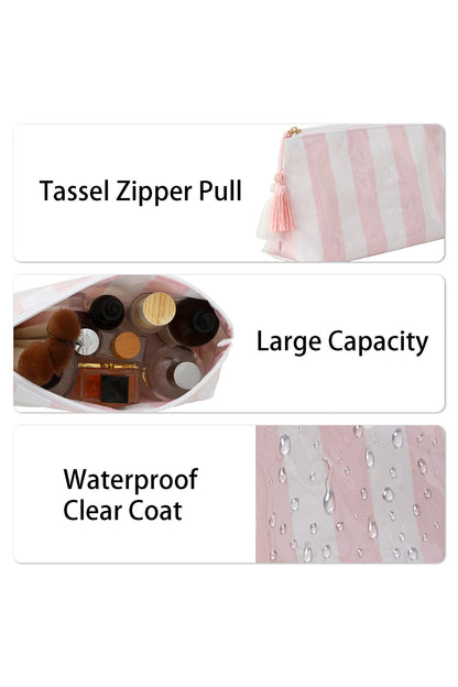 Light Pink Striped Vinyl Waterproof Tassel Zipper Makeup Bag