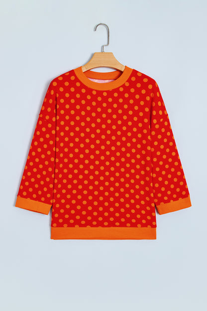 Red Polka Dot Print Contrast Trim Round Neck Bracelet Sleeve Top