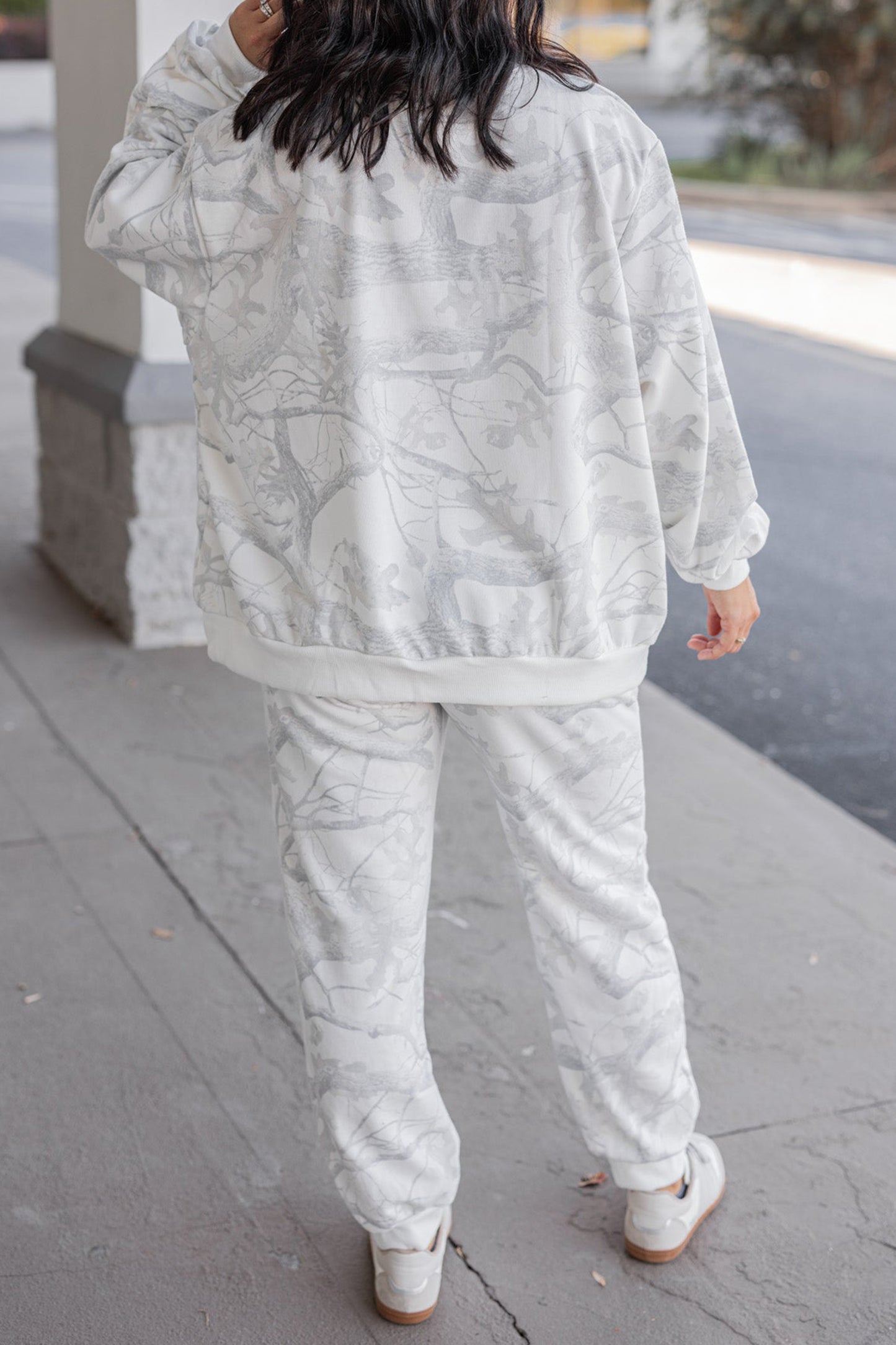 Gray Camouflage Print Stand Neck Long Sleeve Regular Fit Plus Size Set