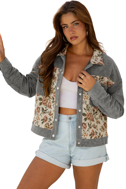 Medium Grey Ribbed Retro Floral Patchwork Shirt Style Jacket
