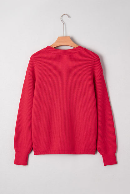 Fiery Red Sequin Bow Accent Drop Shoulder Festive Sweater