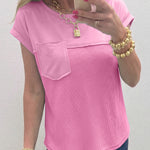 Pink Solid Color Raw Seam Waffled Patchwork Casual T Shirt