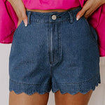 Sail Blue Scalloped Hemline Acid Wash High Waist Denim Shorts